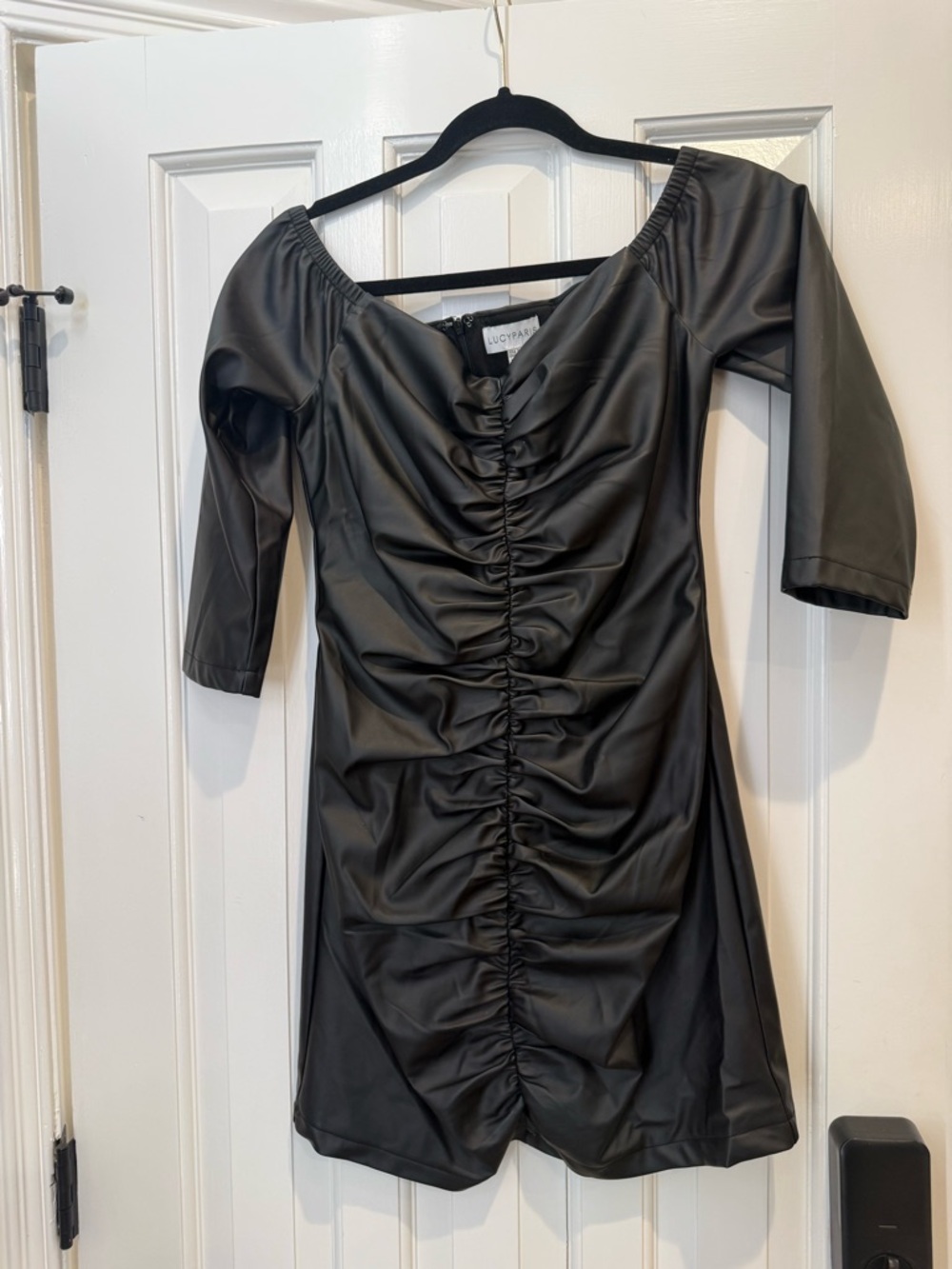 Lucy Paris Black Faux-Leather Ruched Off-Shoulder Dress medium